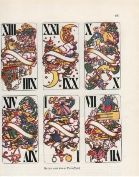 1927 - Karten aus einem Tarockspiel, alter Druck